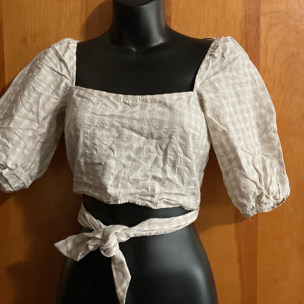 Women’s Cream Puff Sleeve Square Neck Crop Top with Tie
